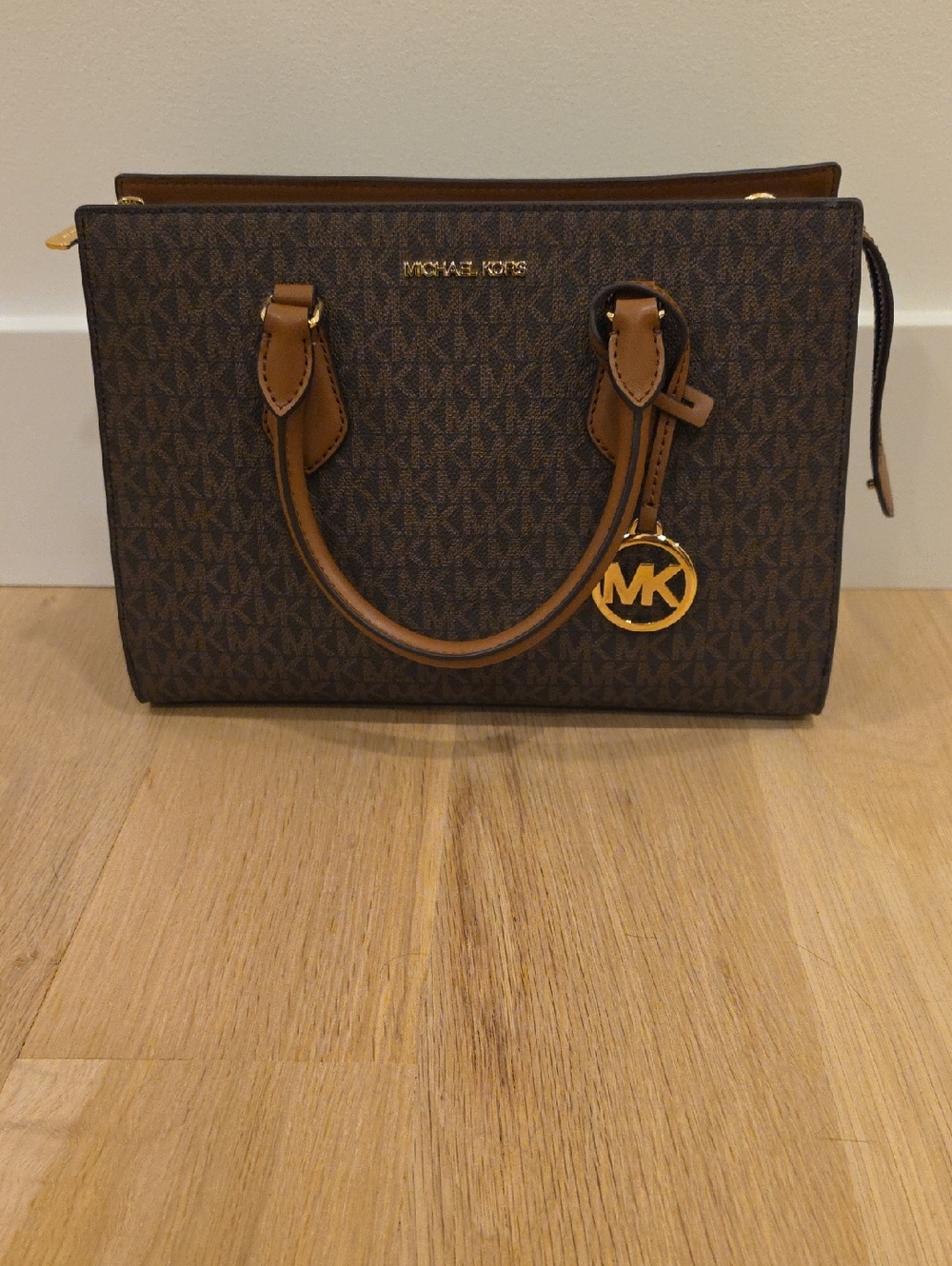 Michael Kors Brown Logo Satchel with Tan Trim and Gold Hardware